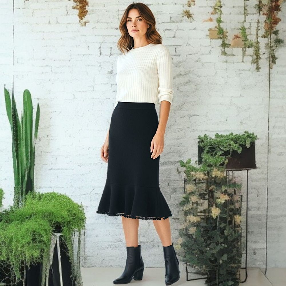 Catherine Malandrino Skirt 8 M Pencil Trumpet Pom Pom Hem Career‎ Office Siren